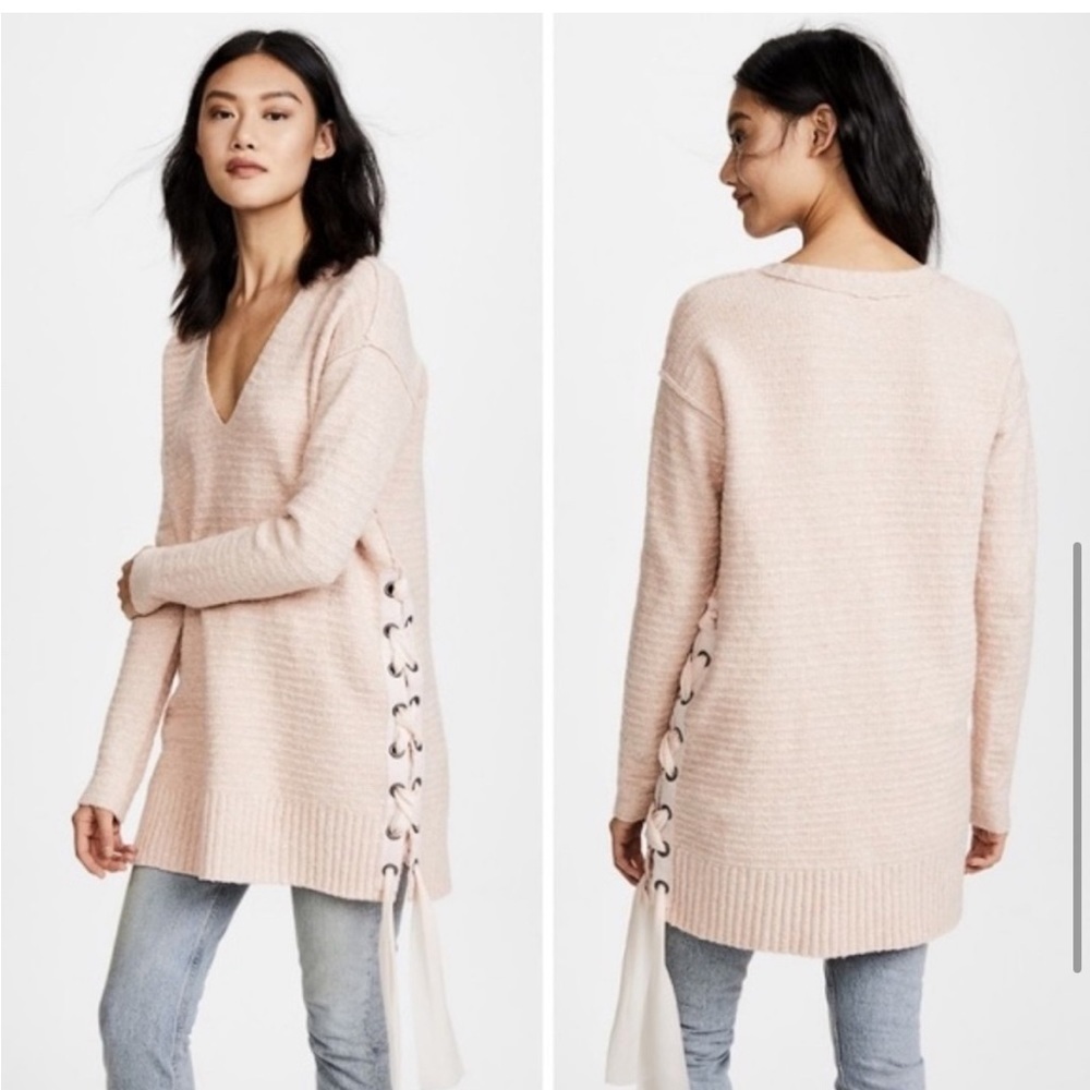 Free People Rose Pink Heart It Laces Knitted Tunic Length Long Sleeve Sweater XS
